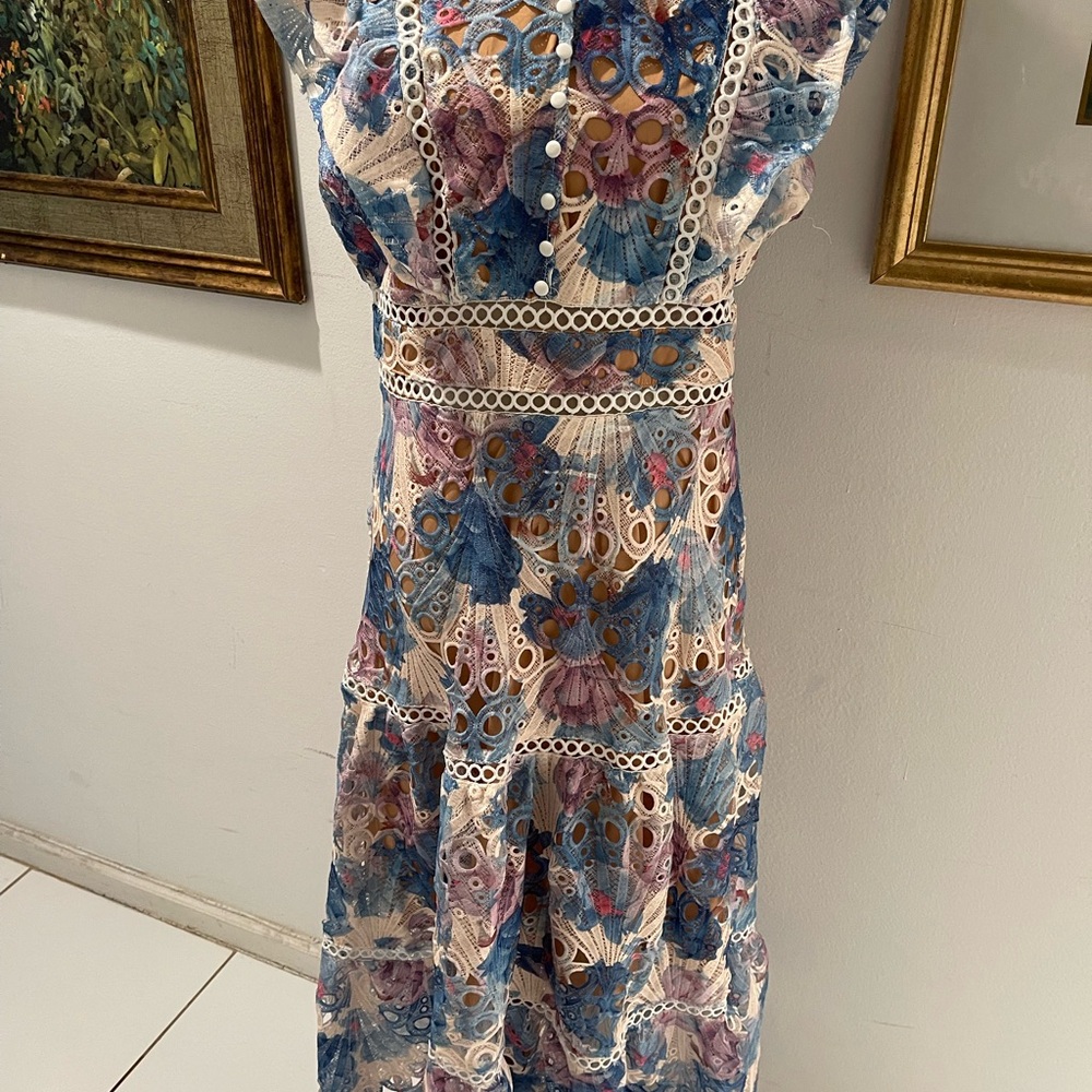 Floral Lace Midi Dress in Blue and Pink